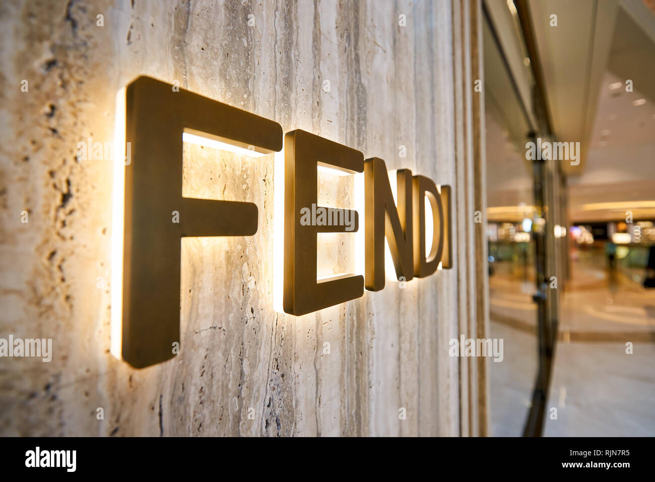 HONG KONG - JANUARY 26, 2016: Fendi logo on the wall at Elements ...