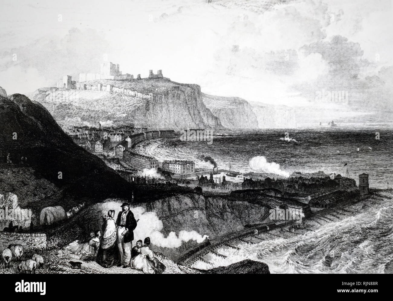 An engraving depicting a view of Dover from Shakespeare's Cliff, showing the London, Chatham and Dover line at the foot of the cliff entering the harbour complex. Dated 19th century Stock Photo