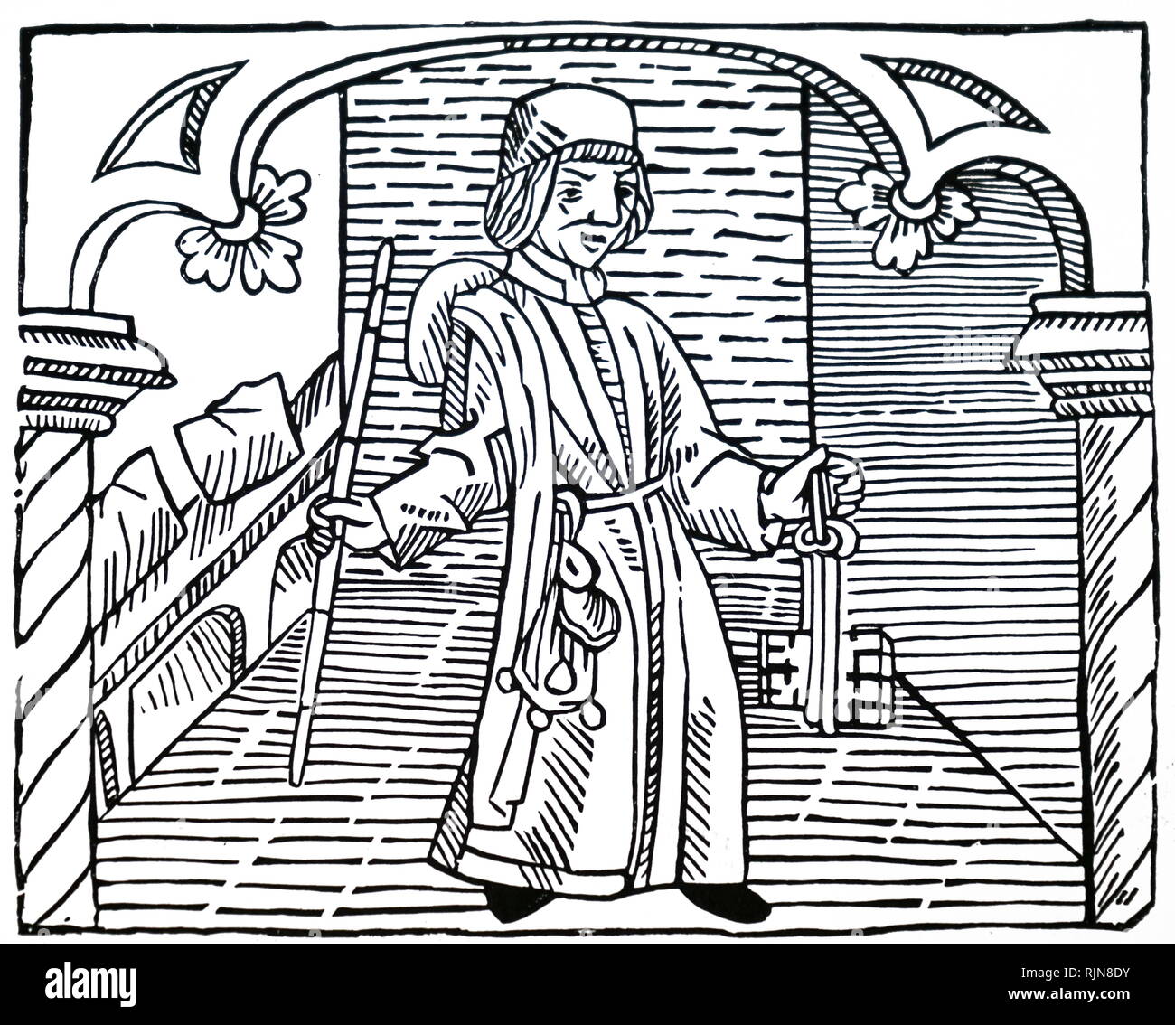 A woodcut engraving depicting a tollgatherer. Dated 15th century Stock