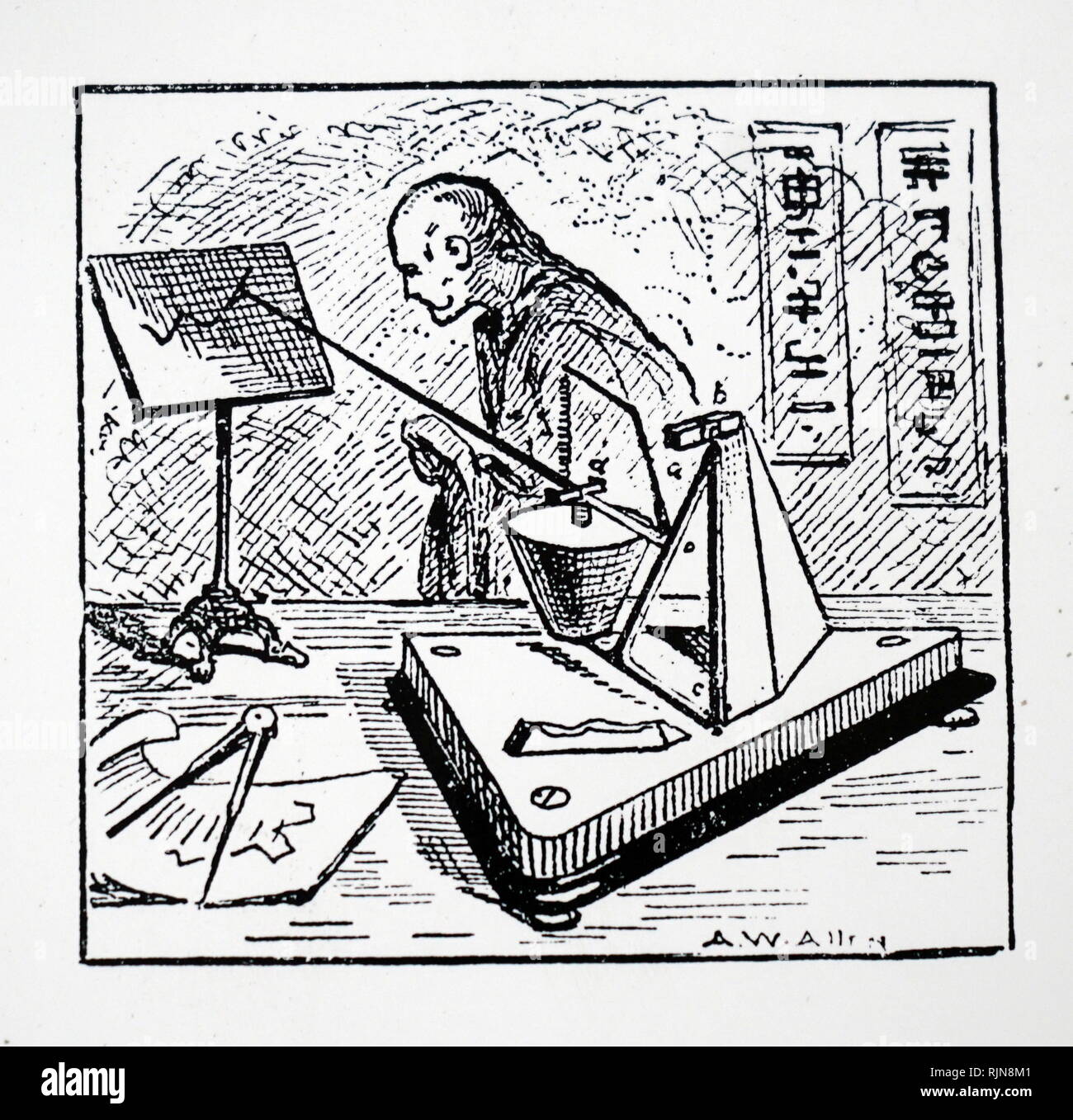 An engraving depicting J. A. Ewing's earthquake recorder. This device was used for measuring earthquake shocks in Japan. Dated 19th century Stock Photo
