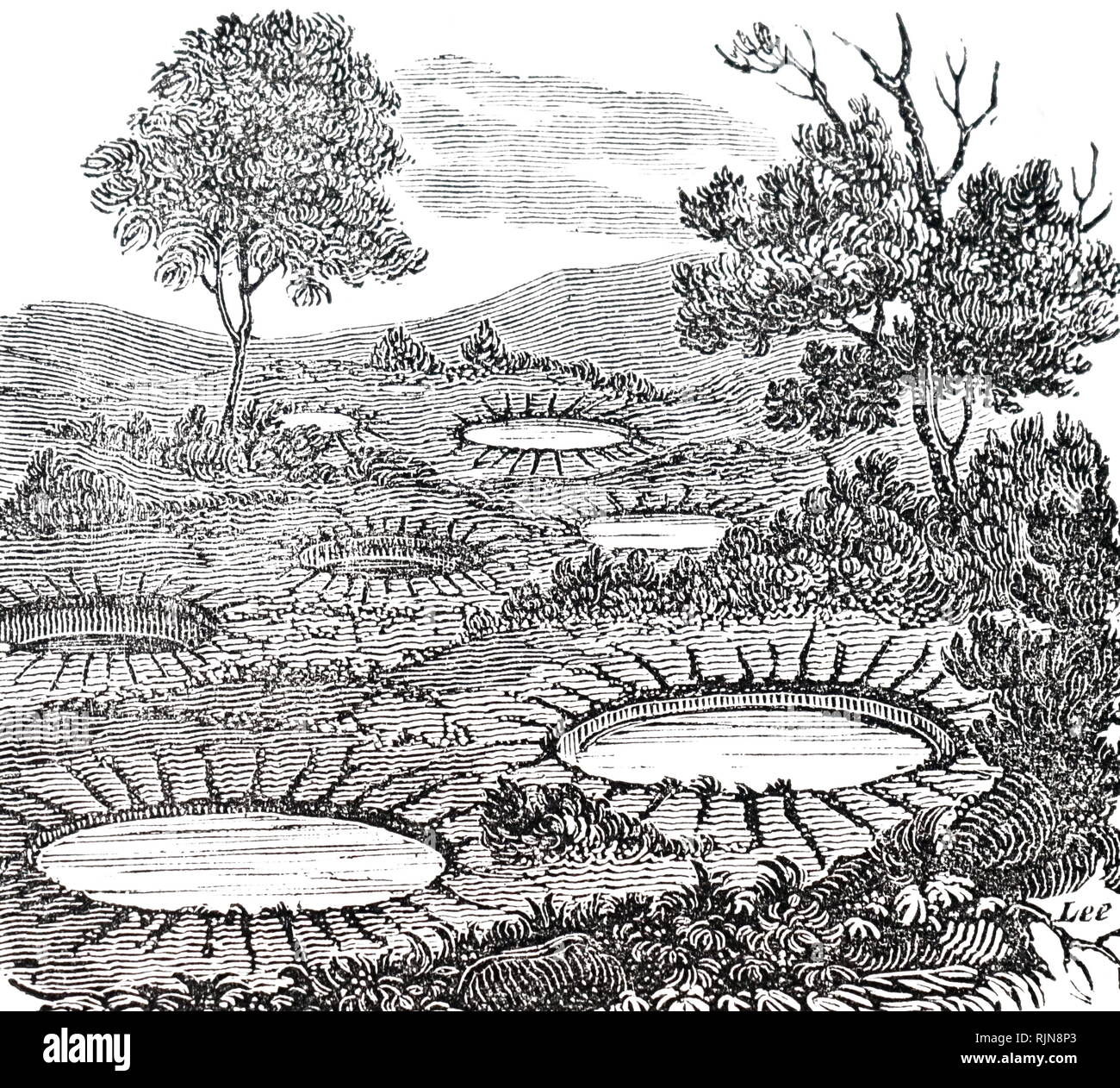 An engraving depicting circular hollows caused by the Calabrian earthquake which began on the 5th February 1783. Shocks of varying severity continued to be felt in the area for four years. Dated 19th century Stock Photo