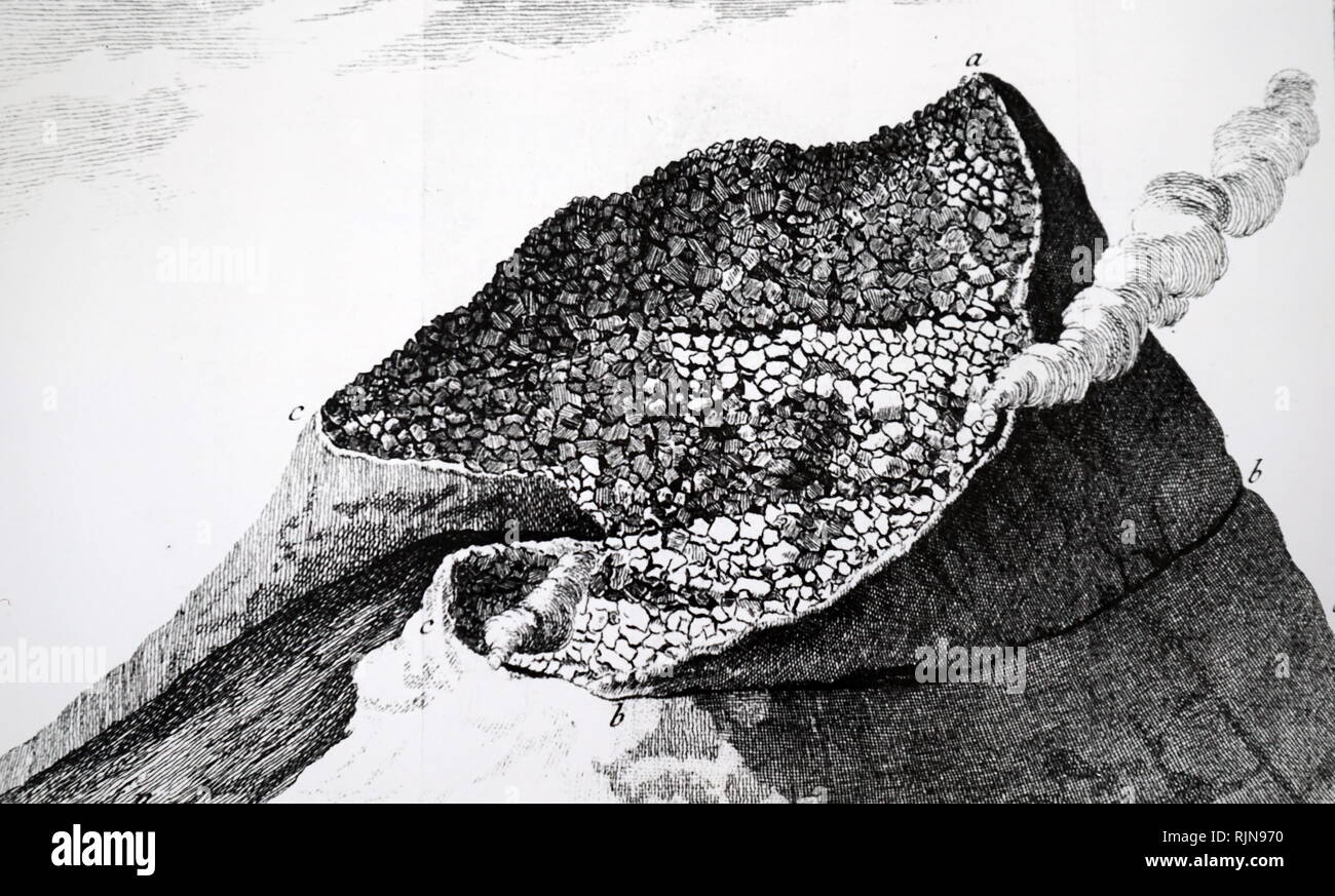 An engraving depicting a view from inside the cone of Mount Vesuvius, a Somma-Stratovolcano located on the Gulf of Naples in Campania, Italy. Dated 18th century Stock Photo