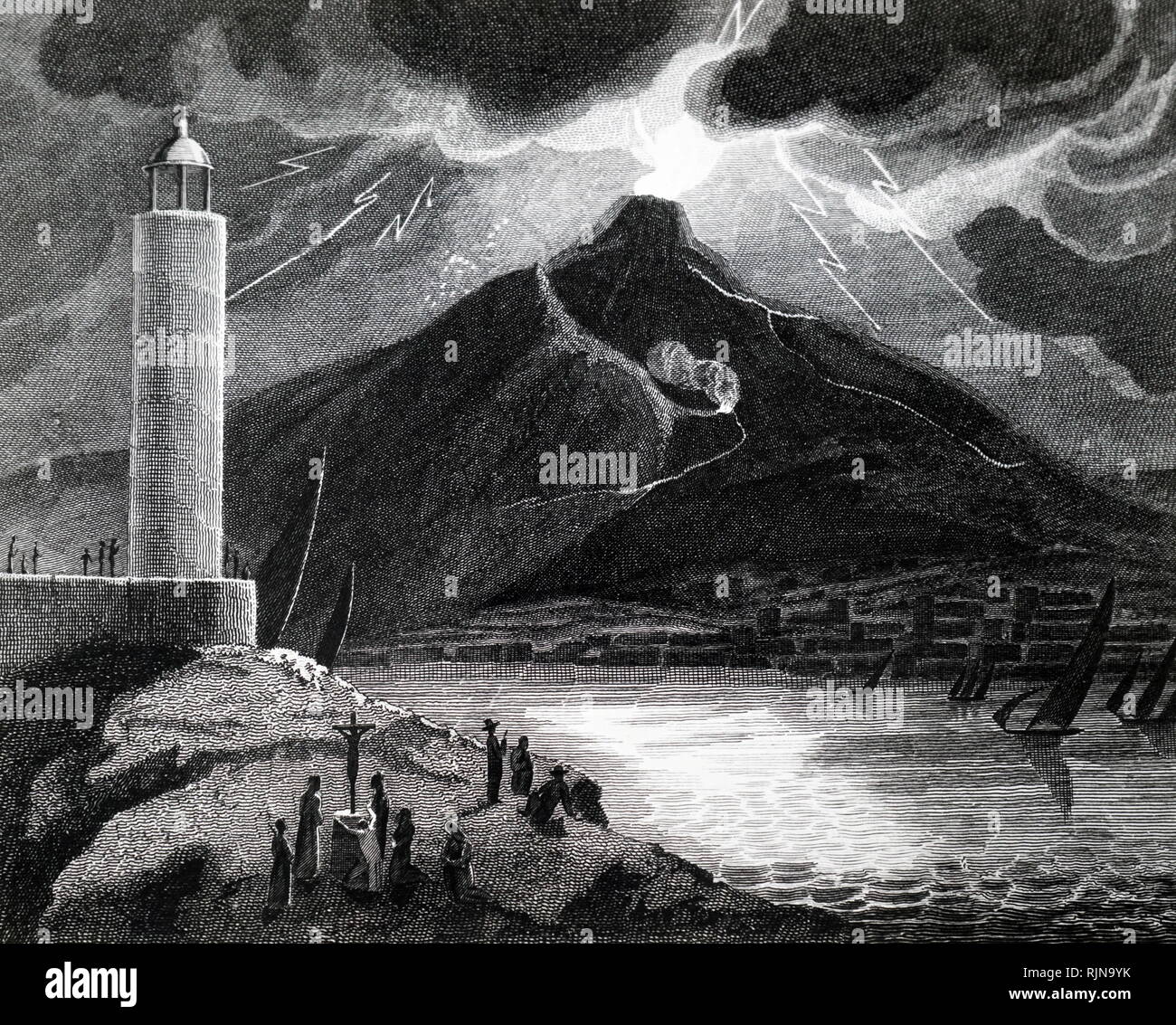 An engraving depicting the eruption of Mount Vesuvius, a Somma-Stratovolcano located on the Gulf of Naples in Campania, Italy. Dated 19th century Stock Photo