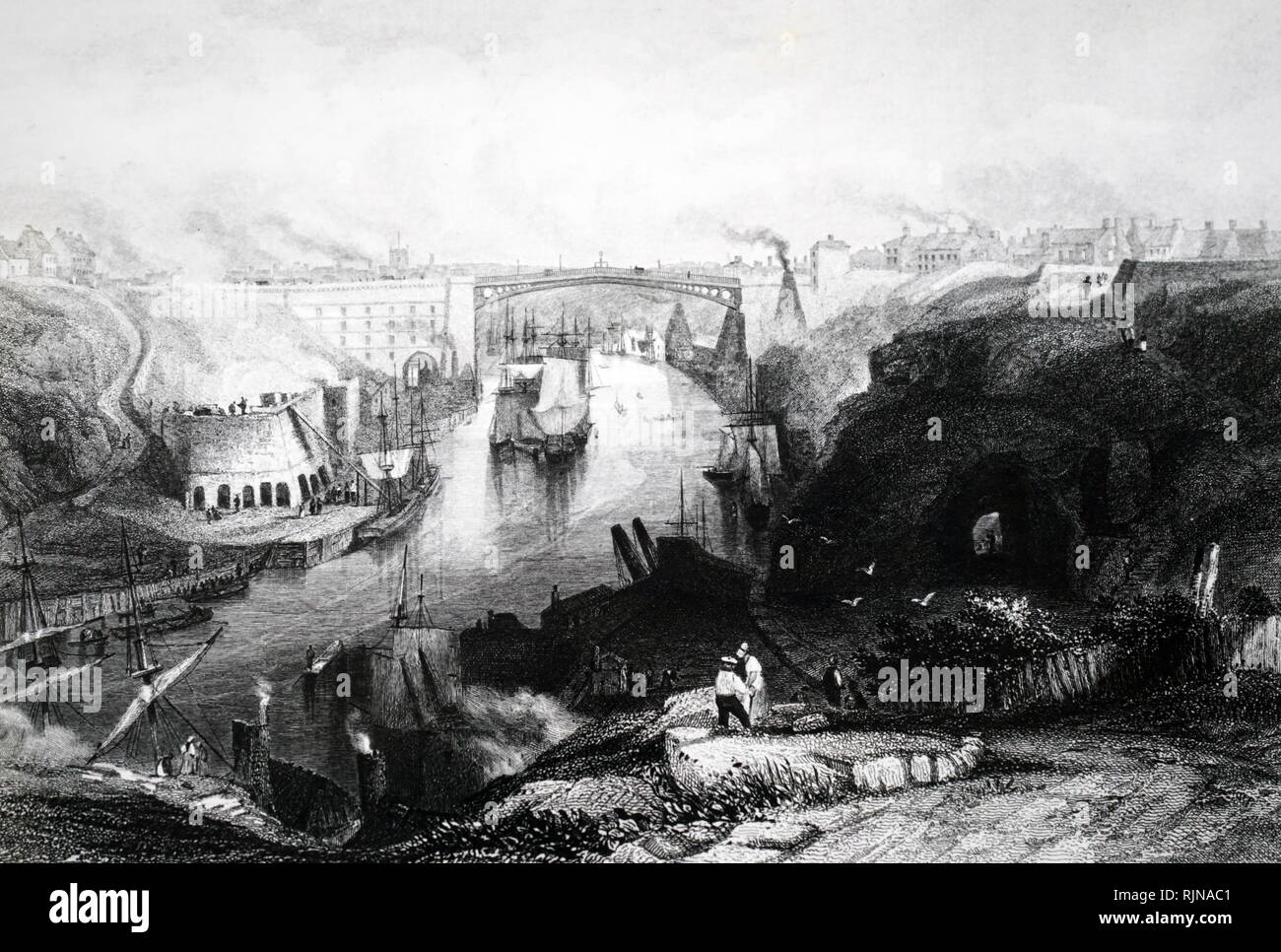 An engraving depicting a view of Sunderland and the iron bridge looking eastwards and showing shipping on the river and various industrial activities including lime kilns (centre left). Engraving by William Finden (1787-1852) after the picture by George Balmer (1806-1846). Dated 19th century Stock Photo