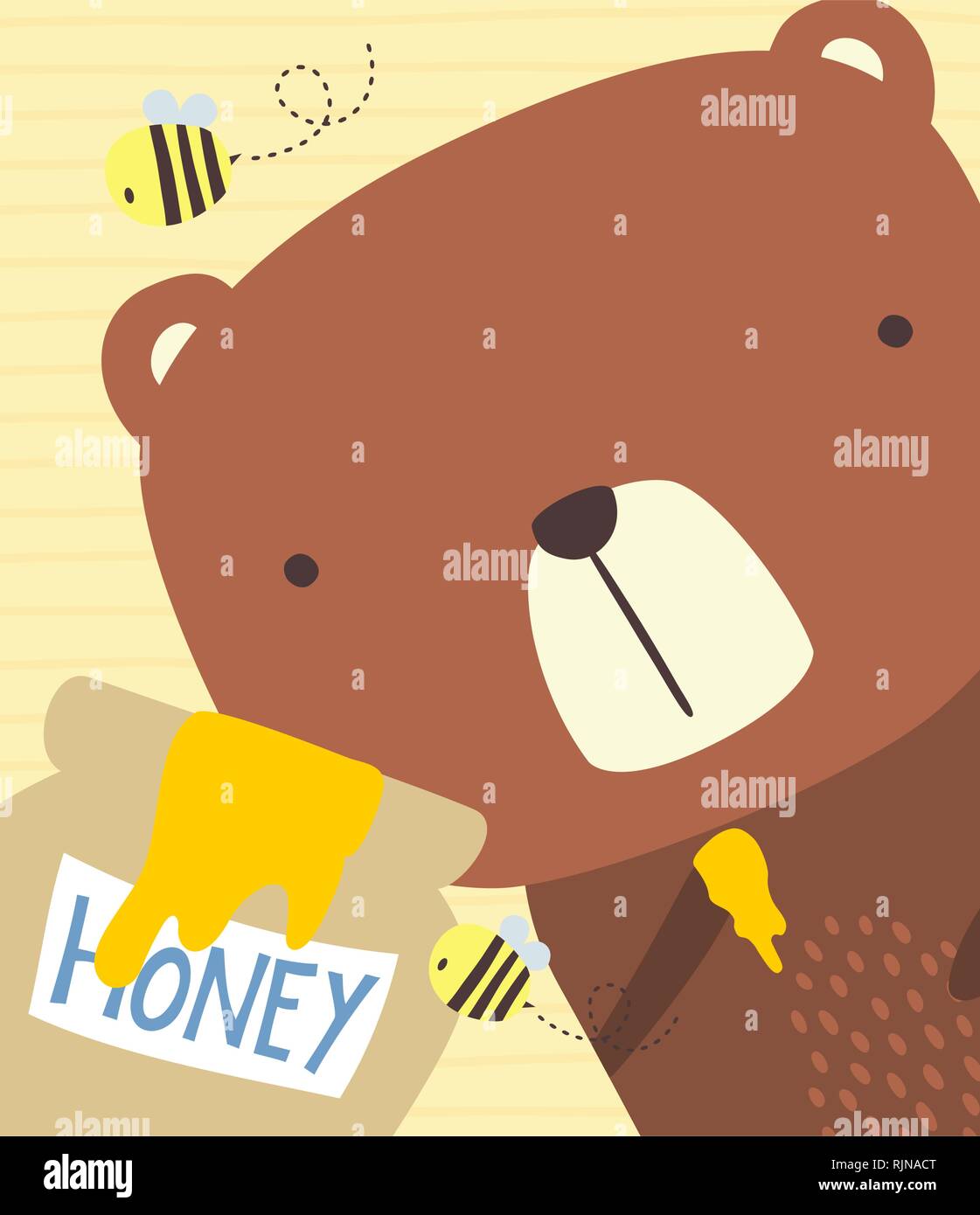 close up illustration of cute bear with honey jar and bees. design for baby and chindren. hand drawn style. can be used for nursery decoration, greeti Stock Vector