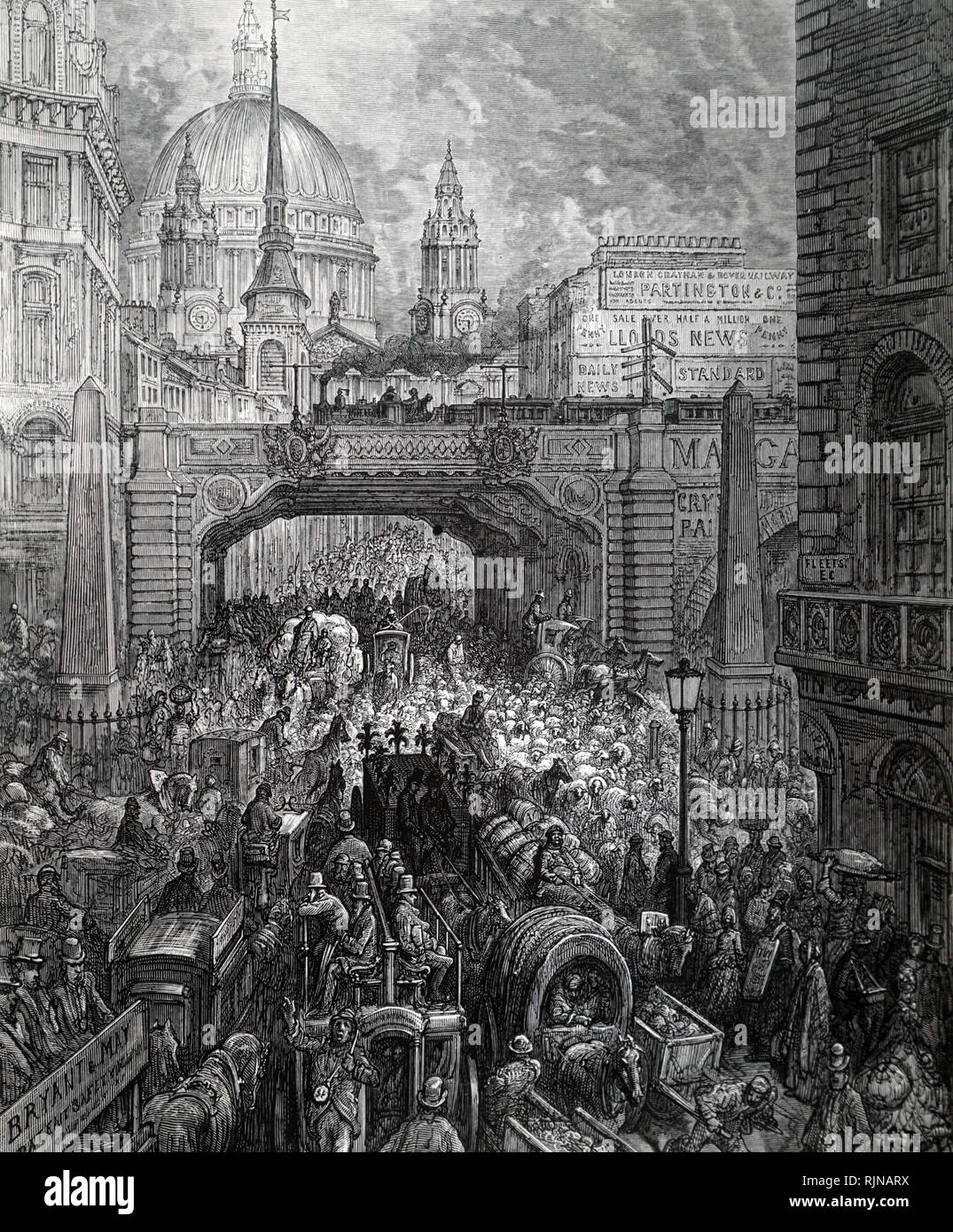 An engraving depicting Ludgate Circus from the bottom of Fleet Street, looking up Ludgate Hill towards St Pauls. Dated 19th century Stock Photo