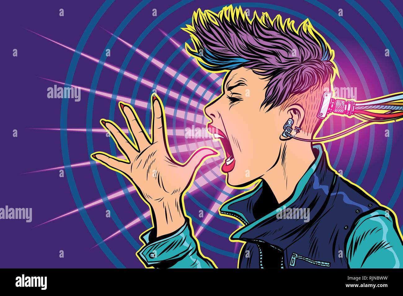 cyberpunk Internet addiction. gadgets virtuality. 80s girl woman Stock Vector