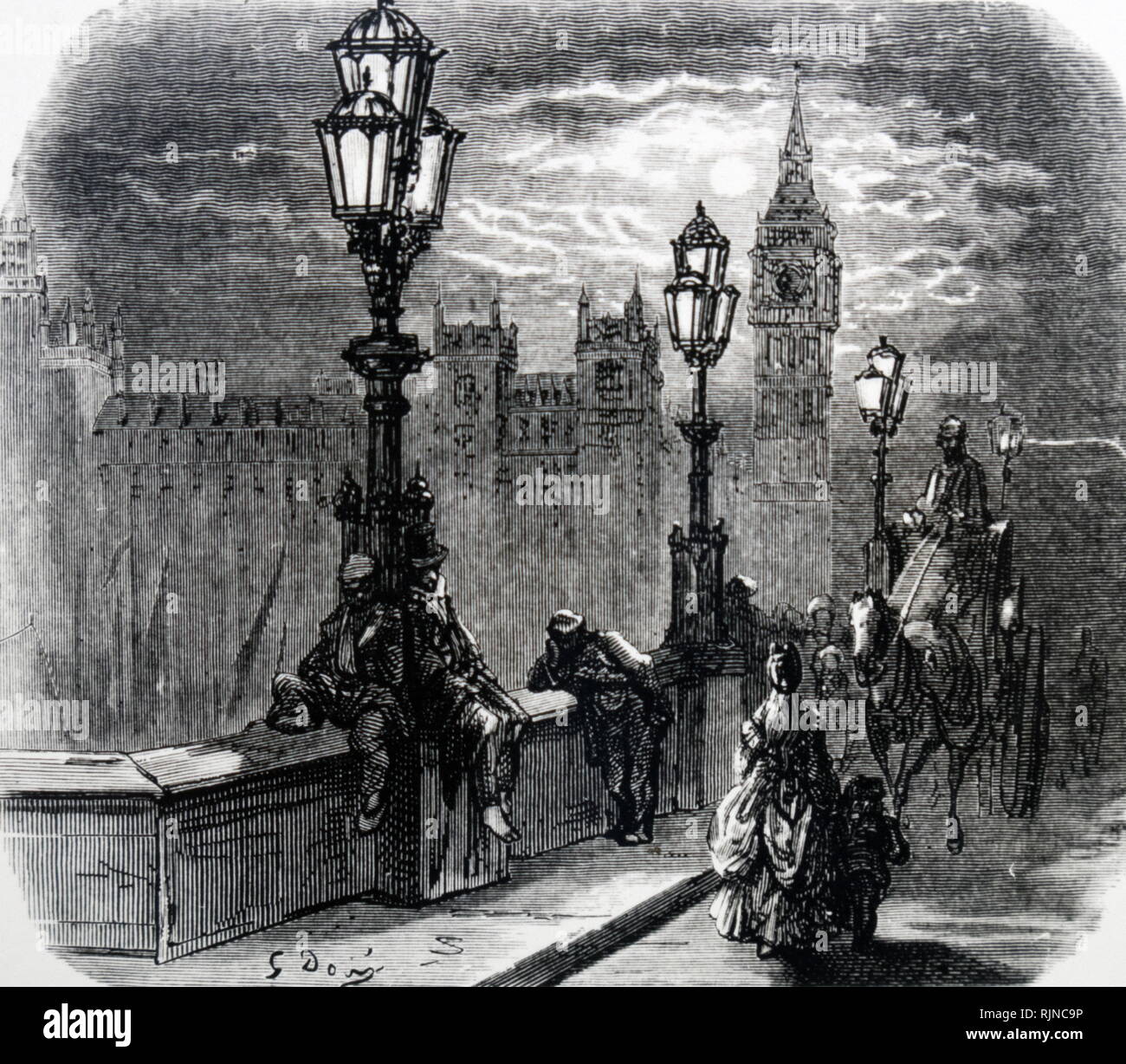 Illustration by Gustave Dore showing Westminster Bridge and the Houses of parliament 1860 Stock Photo