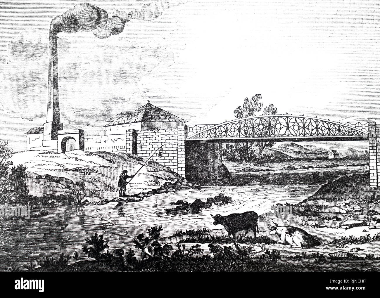An engraving depicting the iron and timber Bishopmill Bridge over the Lossie at Elgin. Dated 19th century Stock Photo