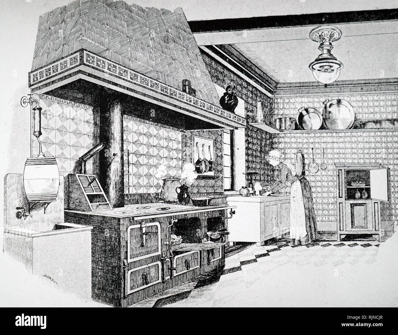 An engraving depicting Parisiene's model kitchen lit by four Weham gaslights with a large gas kitchen range. Dated 19th century Stock Photo