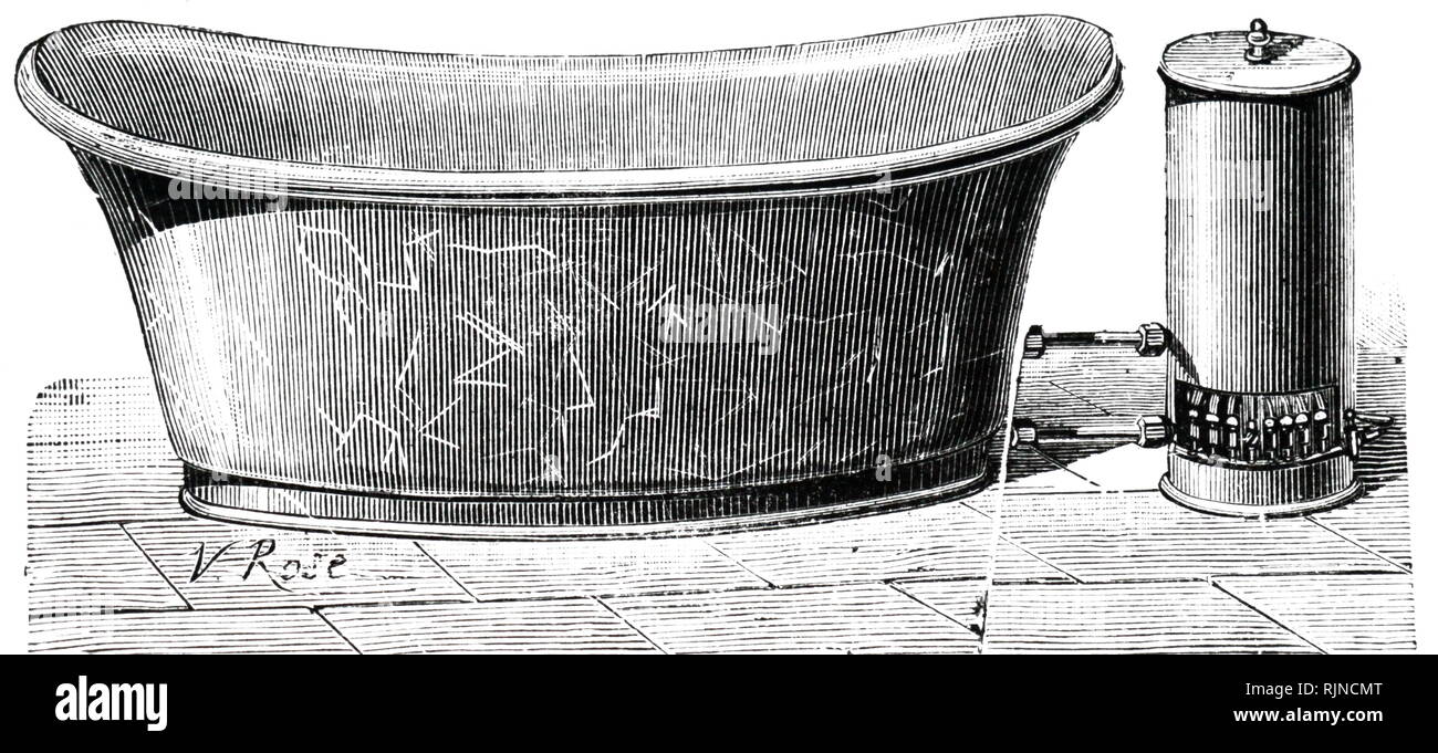 An engraving depicting a gas heating apparatus for a bath. Dated 19th