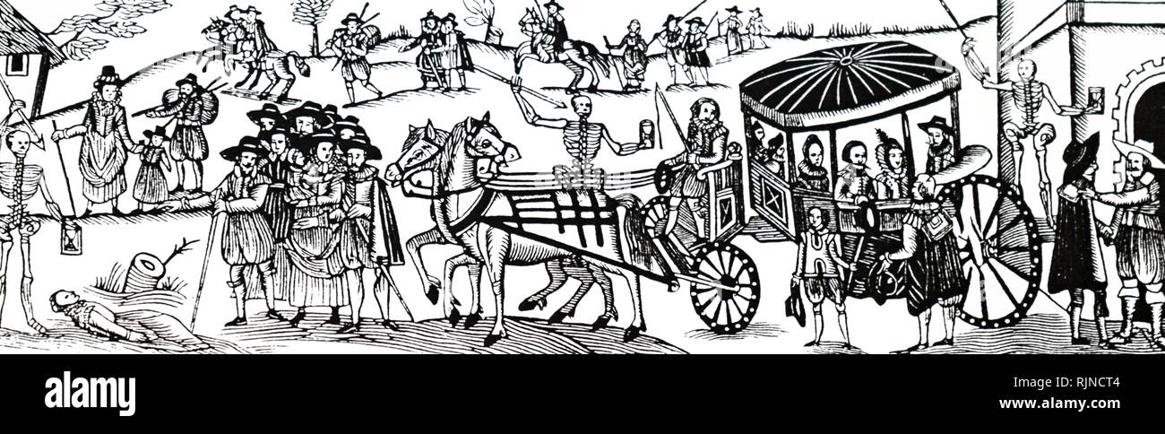 A woodcut engraving depicting townspeople fleeing to the country to escape the plague. Dated 17th century Stock Photo