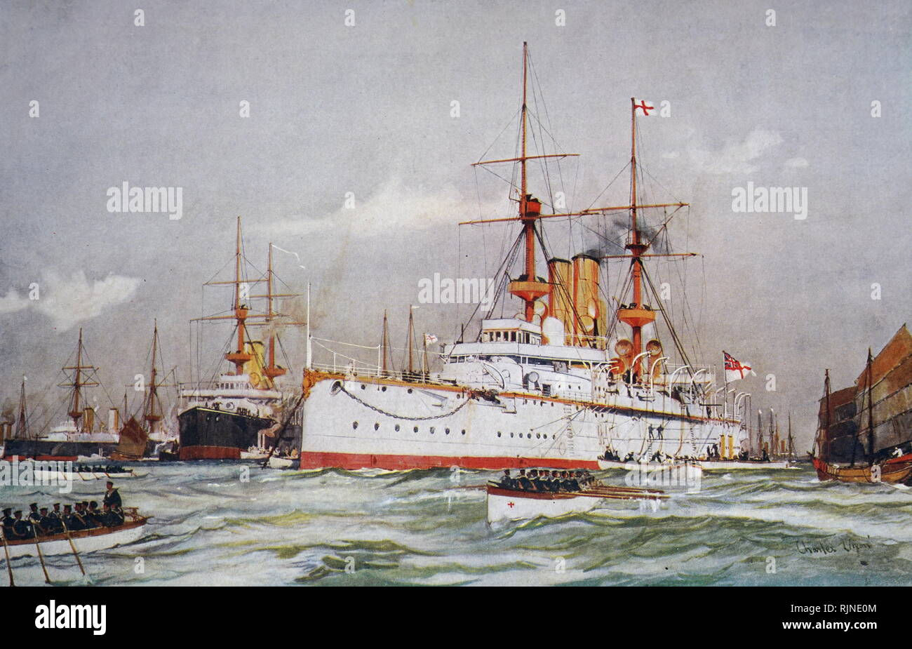 Painting depicting HMS Centurion: Battleship of 10,500 tons: Launched 1892. Stock Photo