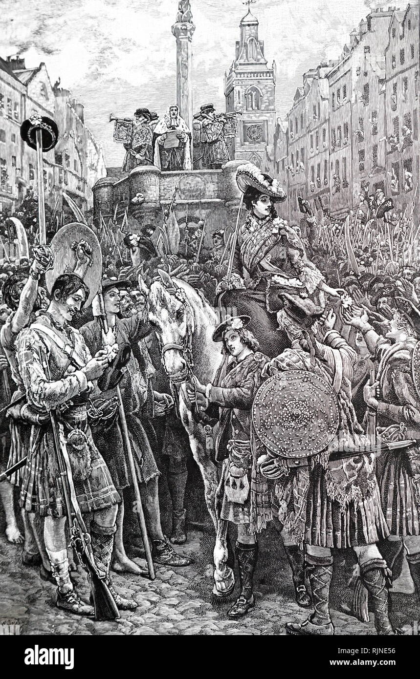 An engraving depicting the proclamation of the old pretender as King James VIII at the Edinburgh Cross, 1745 Stock Photo