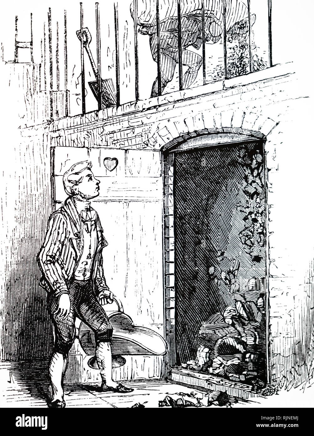 An engraving depicting a footman collecting a scuttle of coal from the