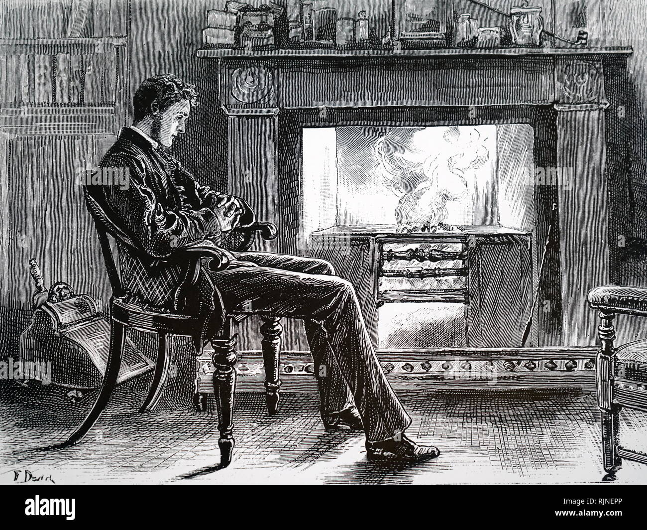 An engraving depicting a man sitting beside the fireplace, a coal scuttle is in the bottom left of the picture. Dated 19th century Stock Photo