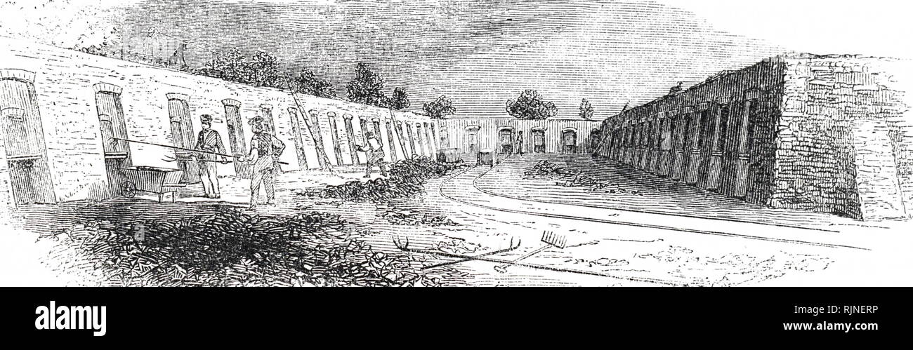 An engraving depicting coke ovens producing fuel for Butterley Ironworks, Derbyshire. Stock Photo