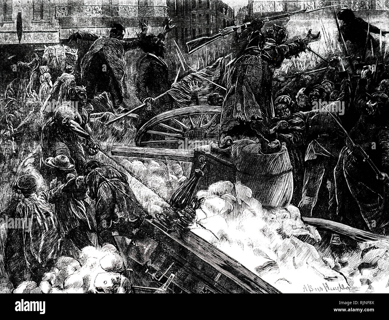 An engraving depicting the Paris Commune - The mob at Paris barricade. Stock Photo