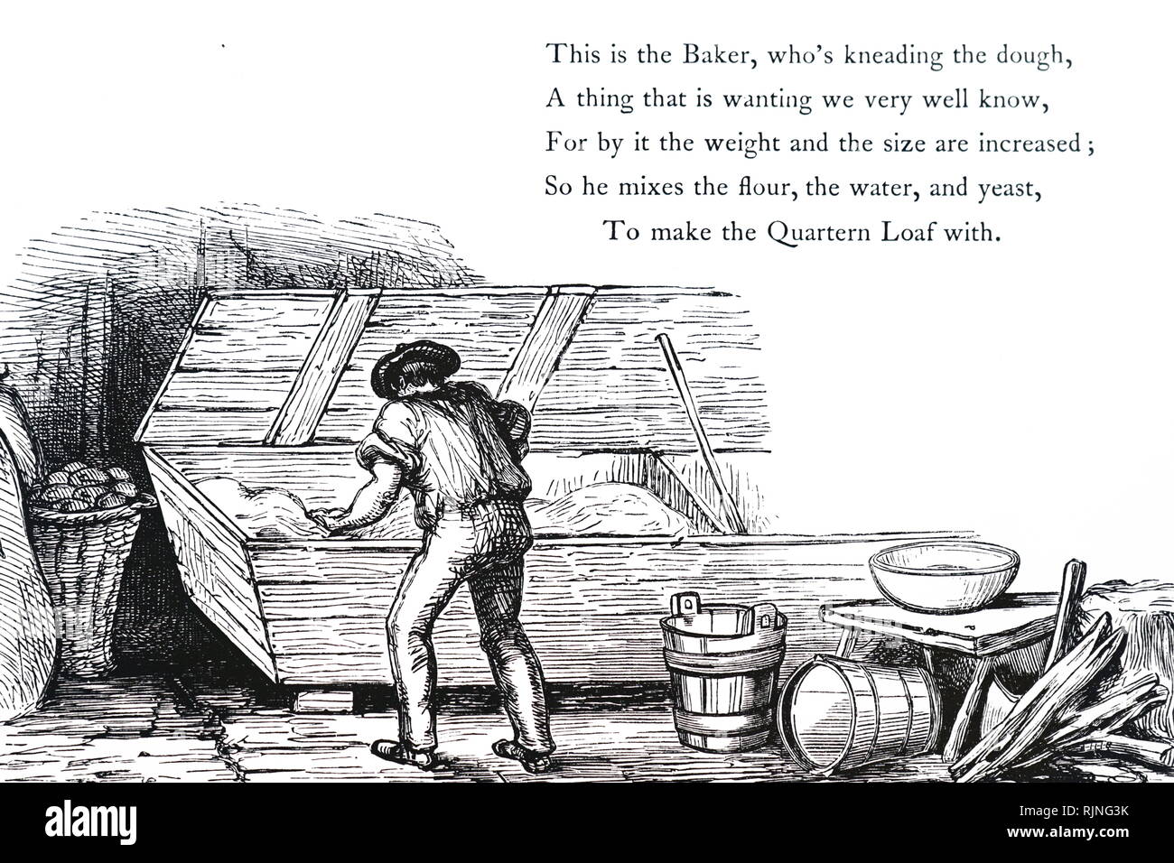 An engraving depicting a baker kneading dough in a trough. This trough