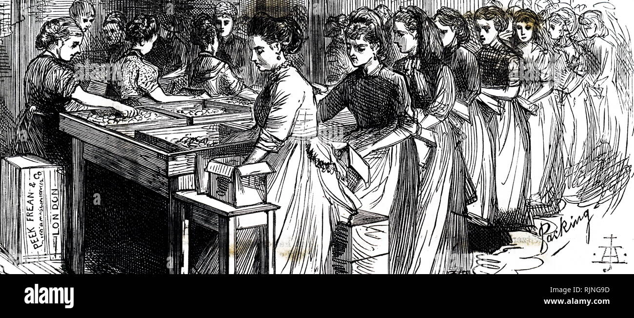 An engraving depicting the packing room at Peek, Frean & Co.'s biscuit factory, Southwark Park, London. Dated 19th century Stock Photo