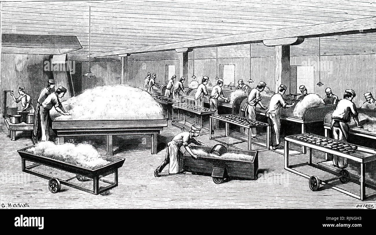 An engraving depicting the production of butterine at the Armour Co., Chicago. Working and weighing ready for packing. Dated 19th century Stock Photo