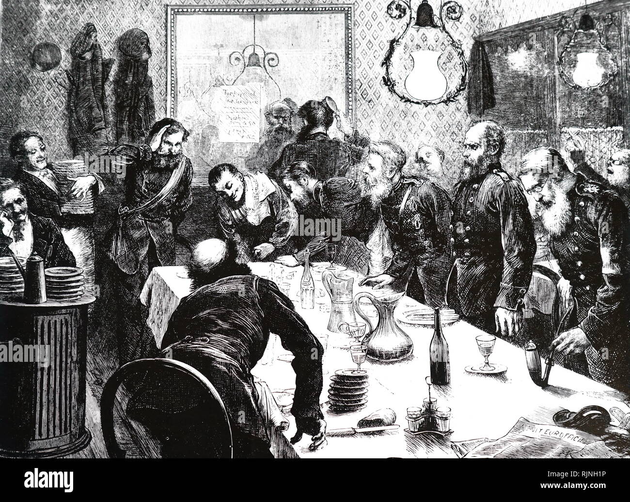 An engraving an officers at dinner. Dated 19th century Stock Photo