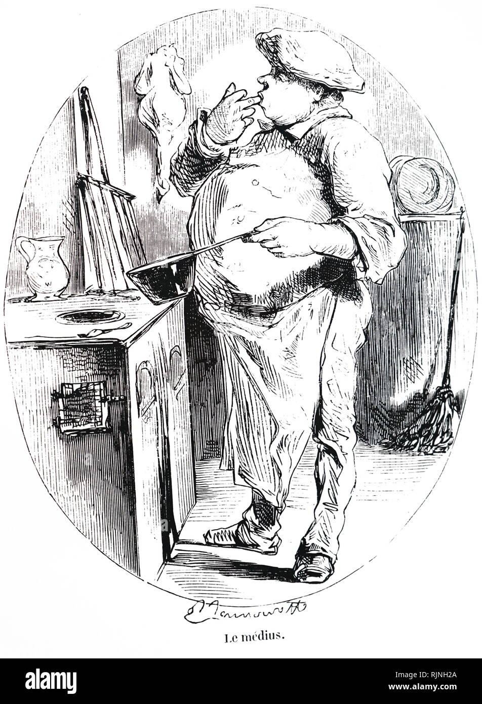 An engraving depicting a chef tasting his cooking. Dated 19th century Stock Photo