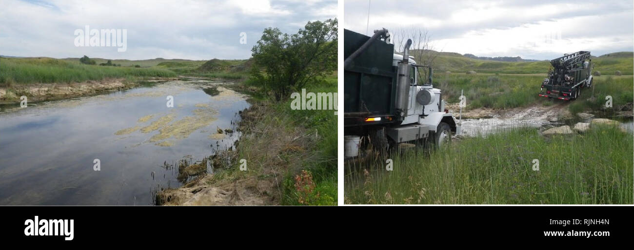 . Baseline assessment and analysis of fish, macroinvertebrates and herpetofauna in the Otter Creek coal tracts area of Powder River County. Aquatic ecology; Aquatic invertebrates; Fishes; Amphibians; Reptiles. Otter Creek #16 (impact) during summer visit: downstream pool (left) and drill trucks using the stream crossing (right).. 22. Please note that these images are extracted from scanned page images that may have been digitally enhanced for readability - coloration and appearance of these illustrations may not perfectly resemble the original work.. Stagliano, David M. ,author; Farmer, Pat; M Stock Photo