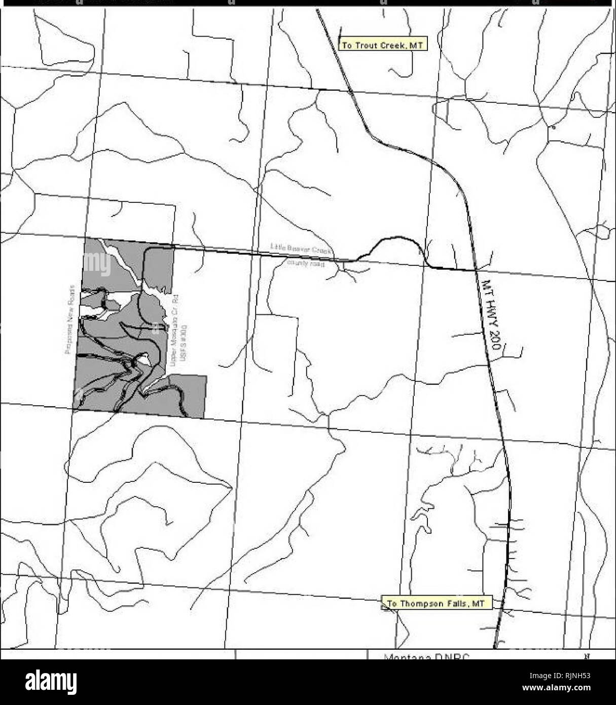 . Environmental assessment for the Mosquito Creek timber sale [electronic resource] . Forest reserves; Logging; Logging; Environmental impact analysis; Harvesting. Mosquito Creek TS, Proposed Haul Rout S16T22N R30W. Roads Hi ghw ay/County optn, UntdlM-d Optn Proposed Haul RouW Mosquilo Creek Timber Sale Montana DNRC Trust Land Management Division Northwestern Land Office * Plains Unit 8JJ 6.J ft.T* i|.f=Q | li. b - c- &quot;C re, ll&gt; t b t iIji In : *|i [ II 2 I , ^ 003 c &quot;tin L* l s at i U.n It m c-s c| i Ito C5 n o i i i lb ,cti r 18. Please note that these images are extracted fro Stock Photo
