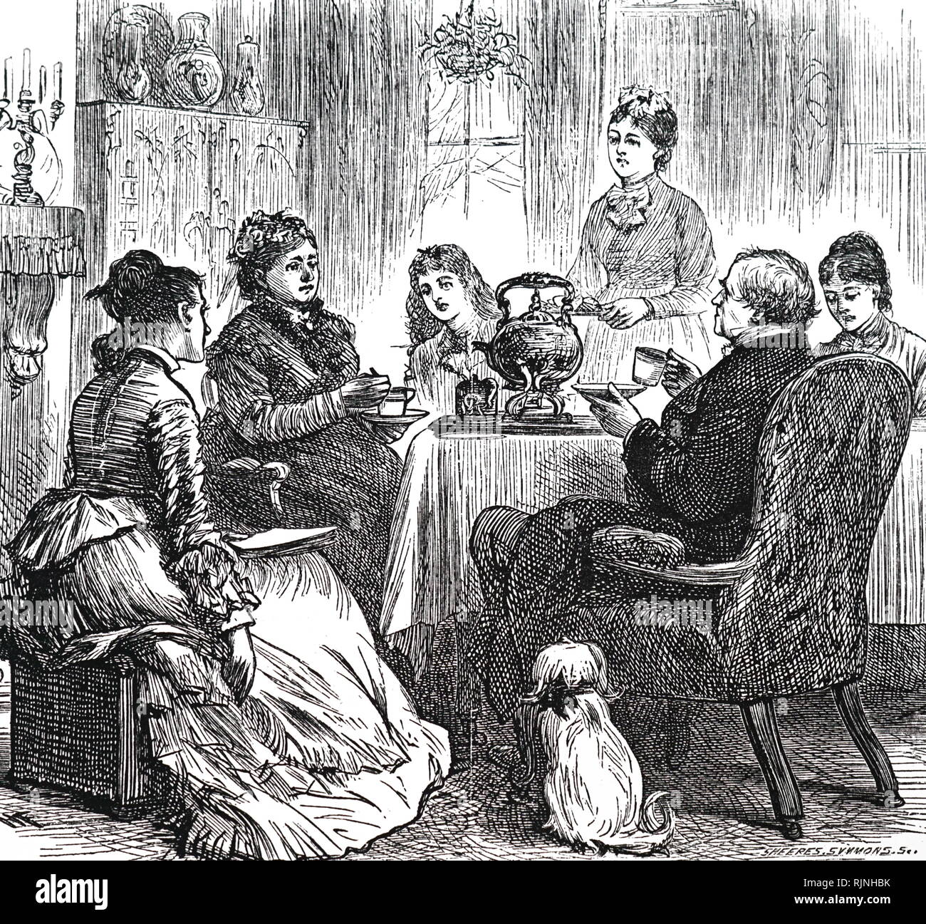 An engraving depicting a Victorian tea table. Dated 19th century Stock Photo