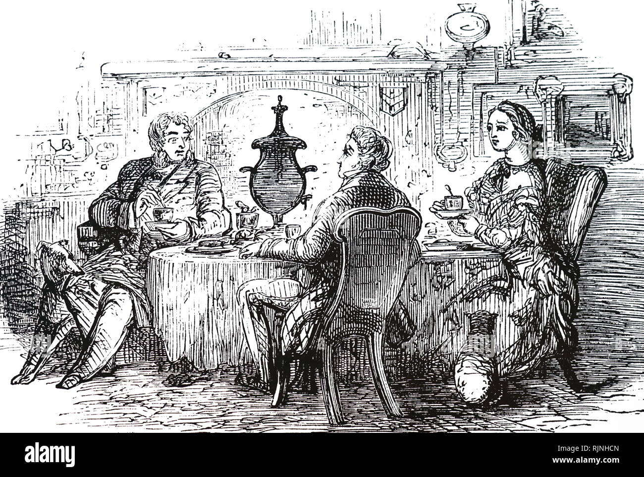 An engraving depicting a Victorian tea table. Dated 19th century Stock Photo