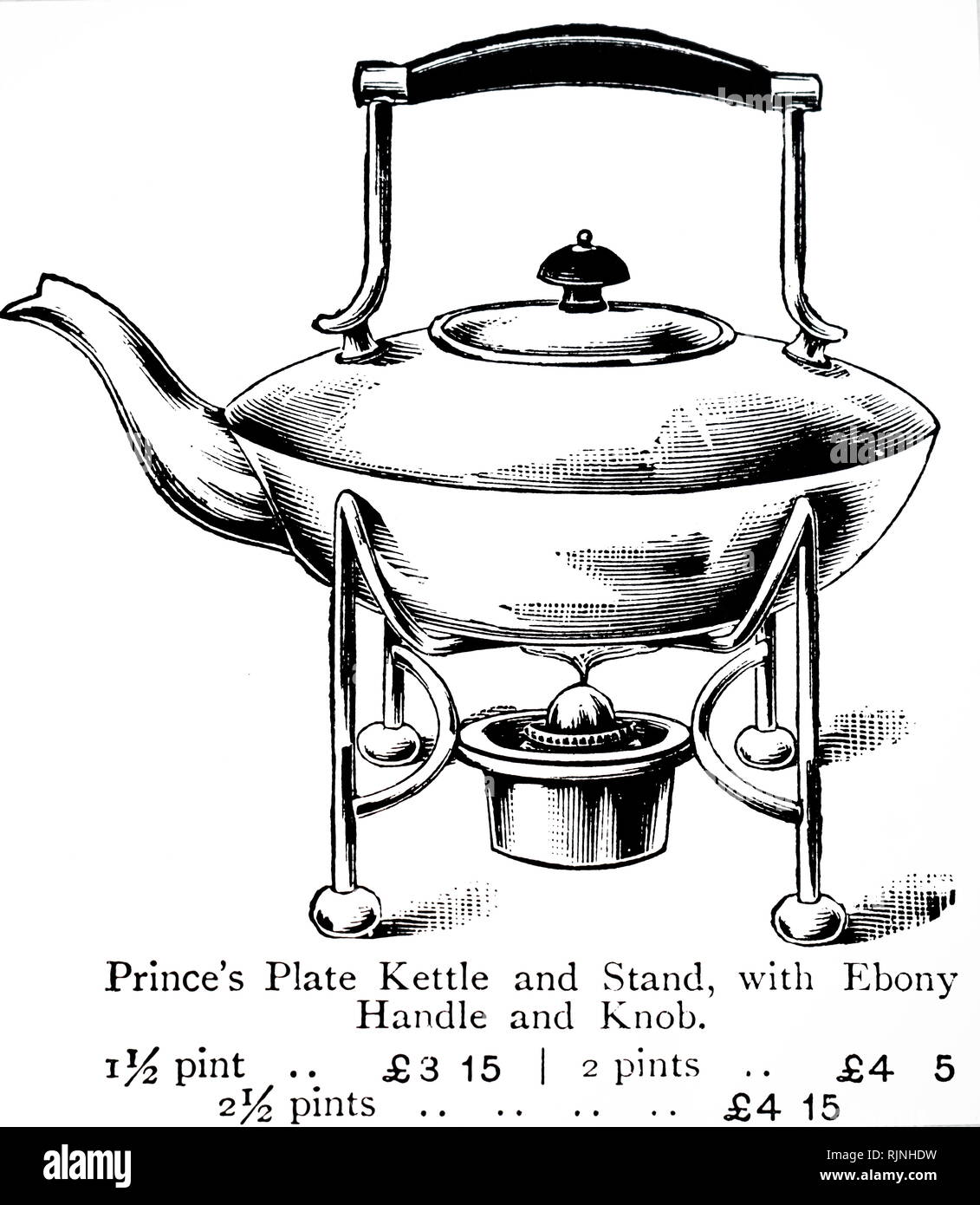 An engraving depicting a plated tea kettle with stand and spirit lamp. Dated 19th century Stock Photo