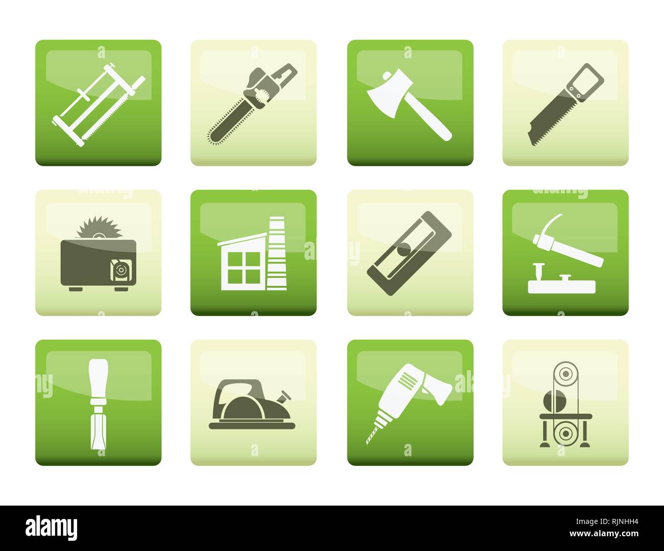 Woodworking industry and Woodworking tools icons over color background vector icon set Stock