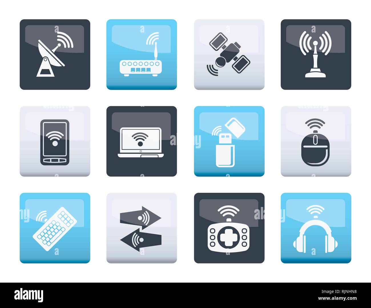 Wireless and communication technology icons over color background ...