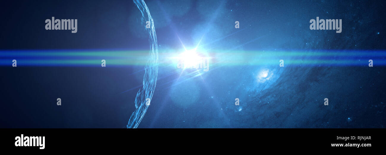 alien planet in front of a galaxy lit by a bright blue star (3d ...