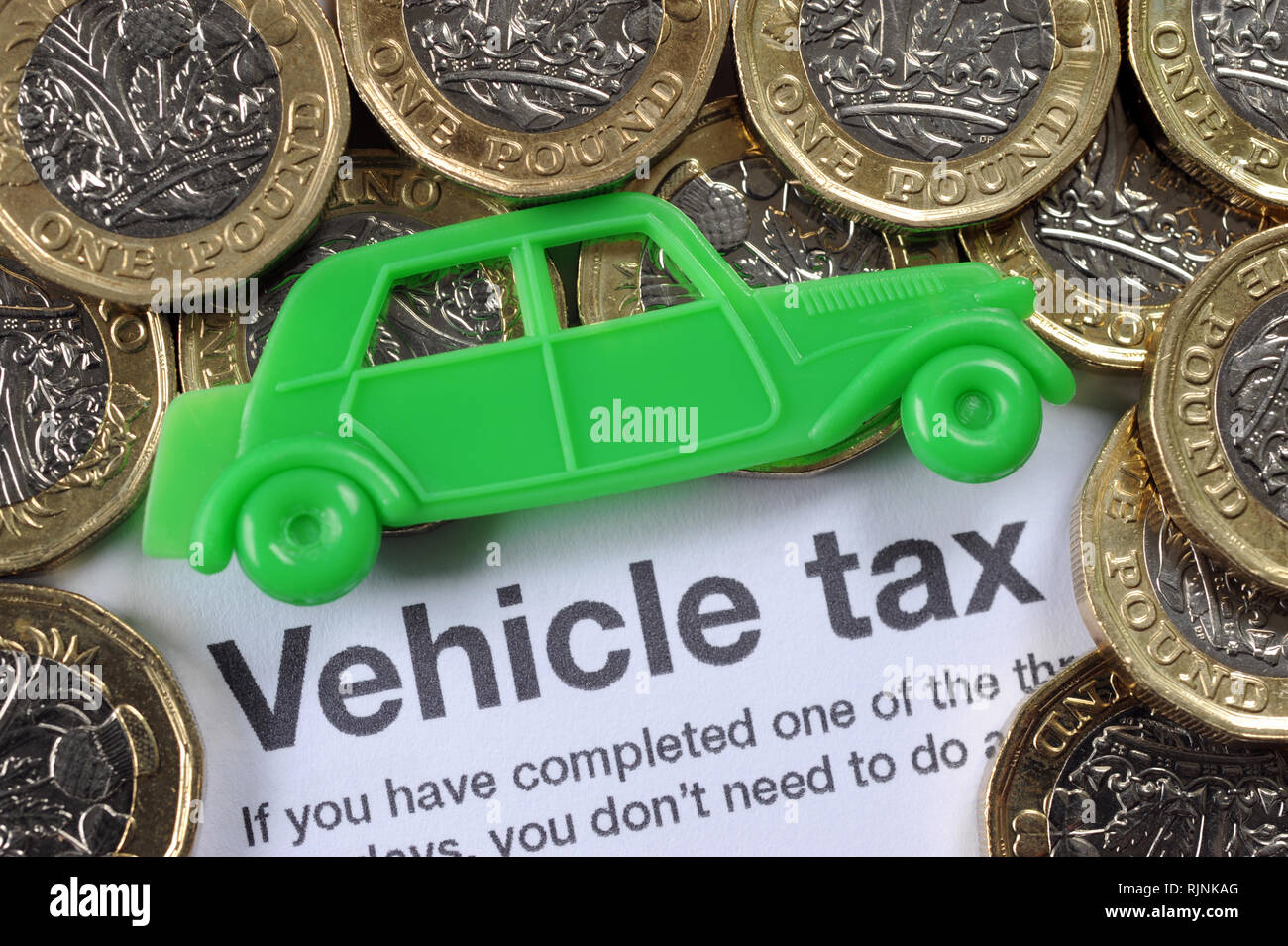 DVLA VEHICLE TAX FORM WITH CAR AND ONE POUND COINS RE HISTORIC CAR TAX PRICES EMISSIONS EXCISE LICENSE DUTY VINTAGE ETC UK Stock Photo