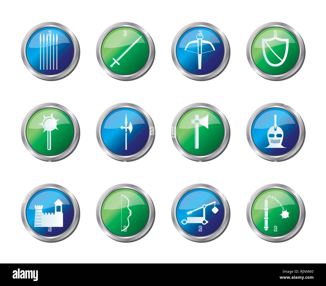 Medieval arms and objects icons over colored background - vector icon set Stock Vector