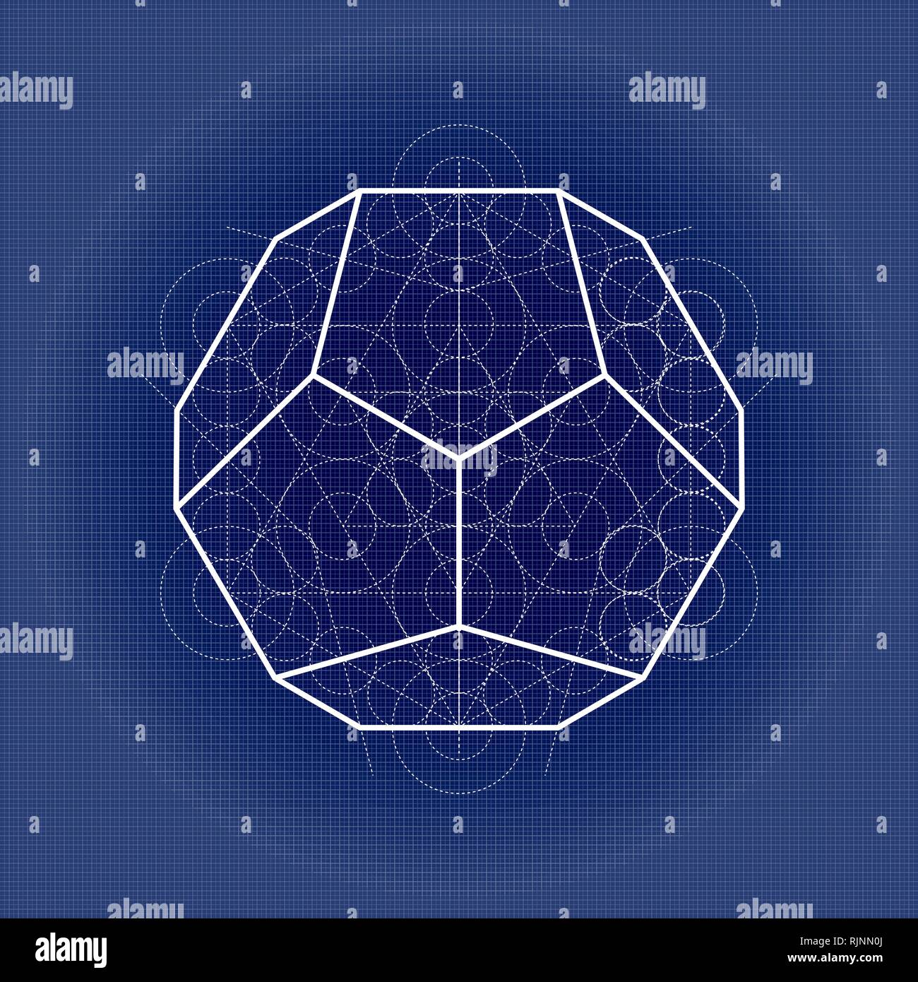 Dodecahedron from Metatrons cube sacred geometry illustration on technical paper Stock Vector