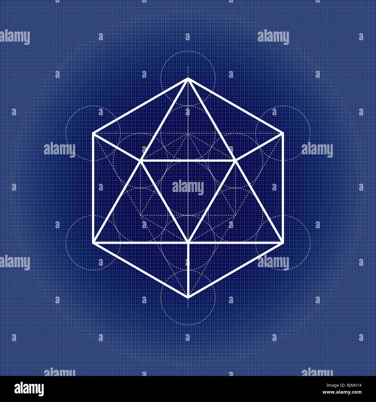 Icosahedron from Metatrons cube, sacred geometry illustration on technical paper Stock Vector