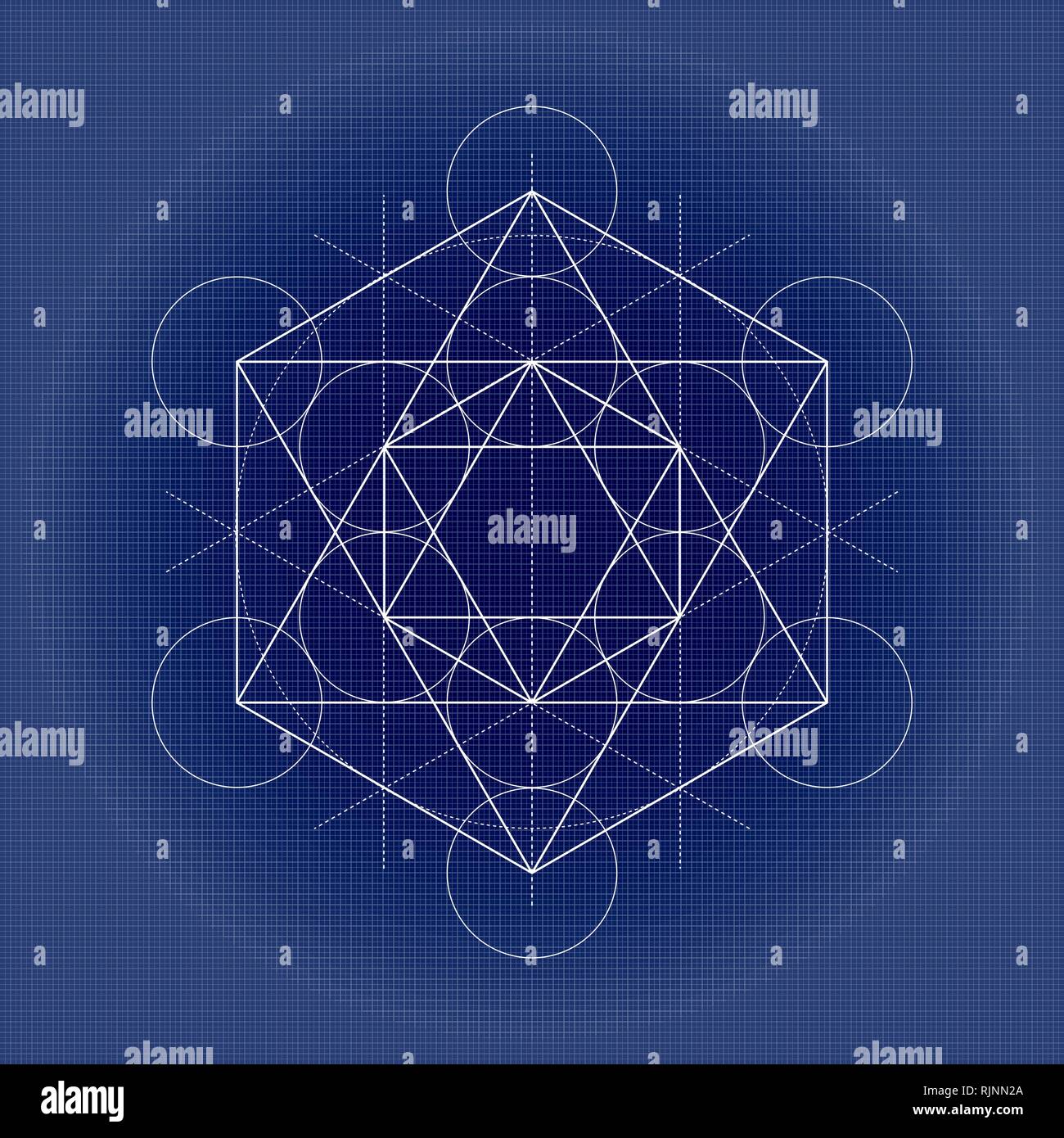 Metatrons cube, sacred geometry illustration on technical paper Stock Vector