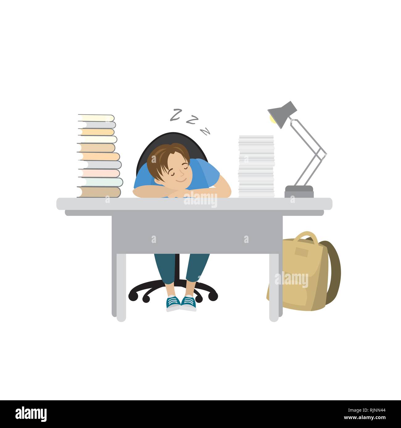 Tired Teenager Boy Sleep At The Table With Books Stock Vector Art