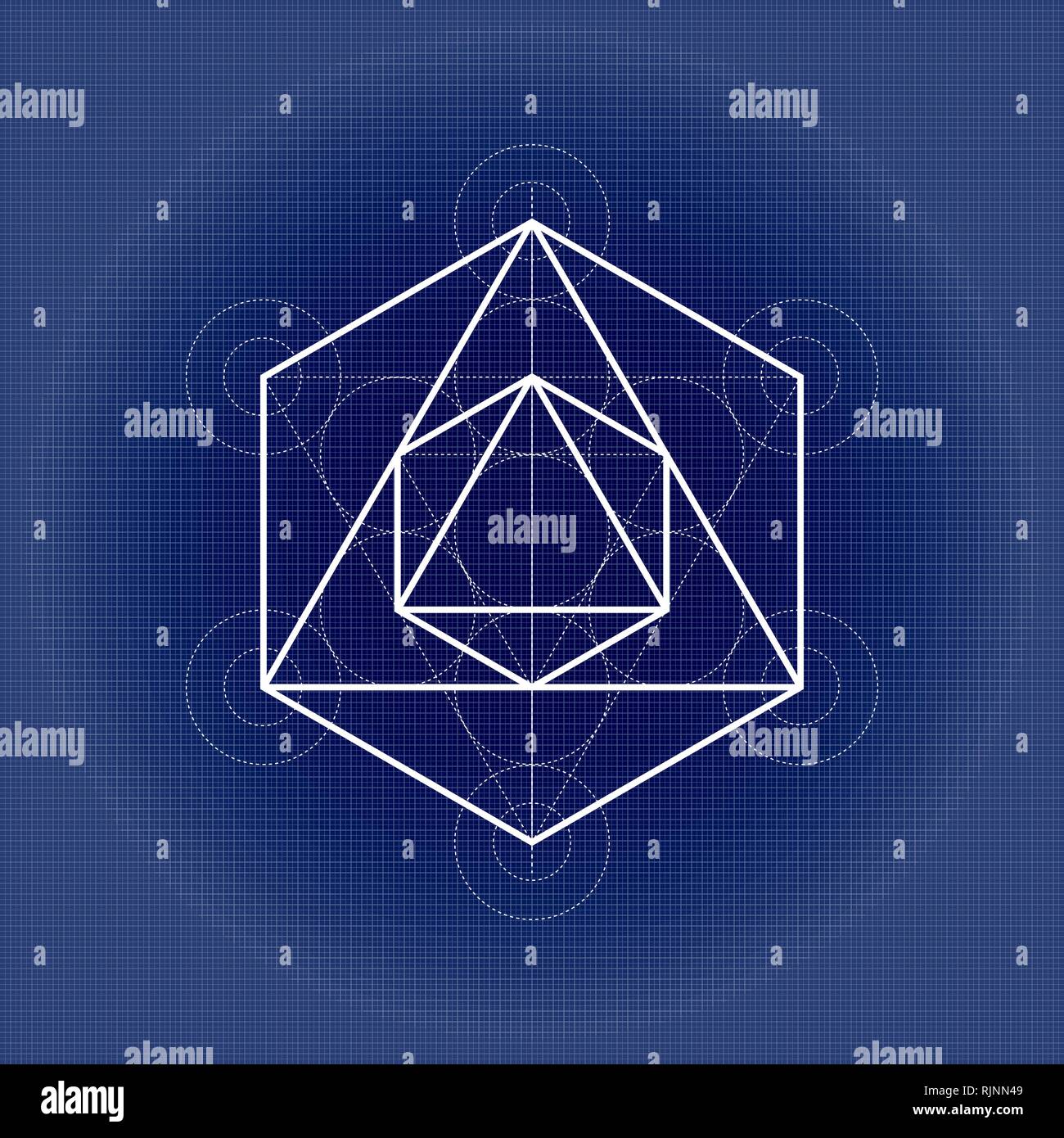 Octahedron from Metatrons cube, sacred geometry illustration on technical paper Stock Vector