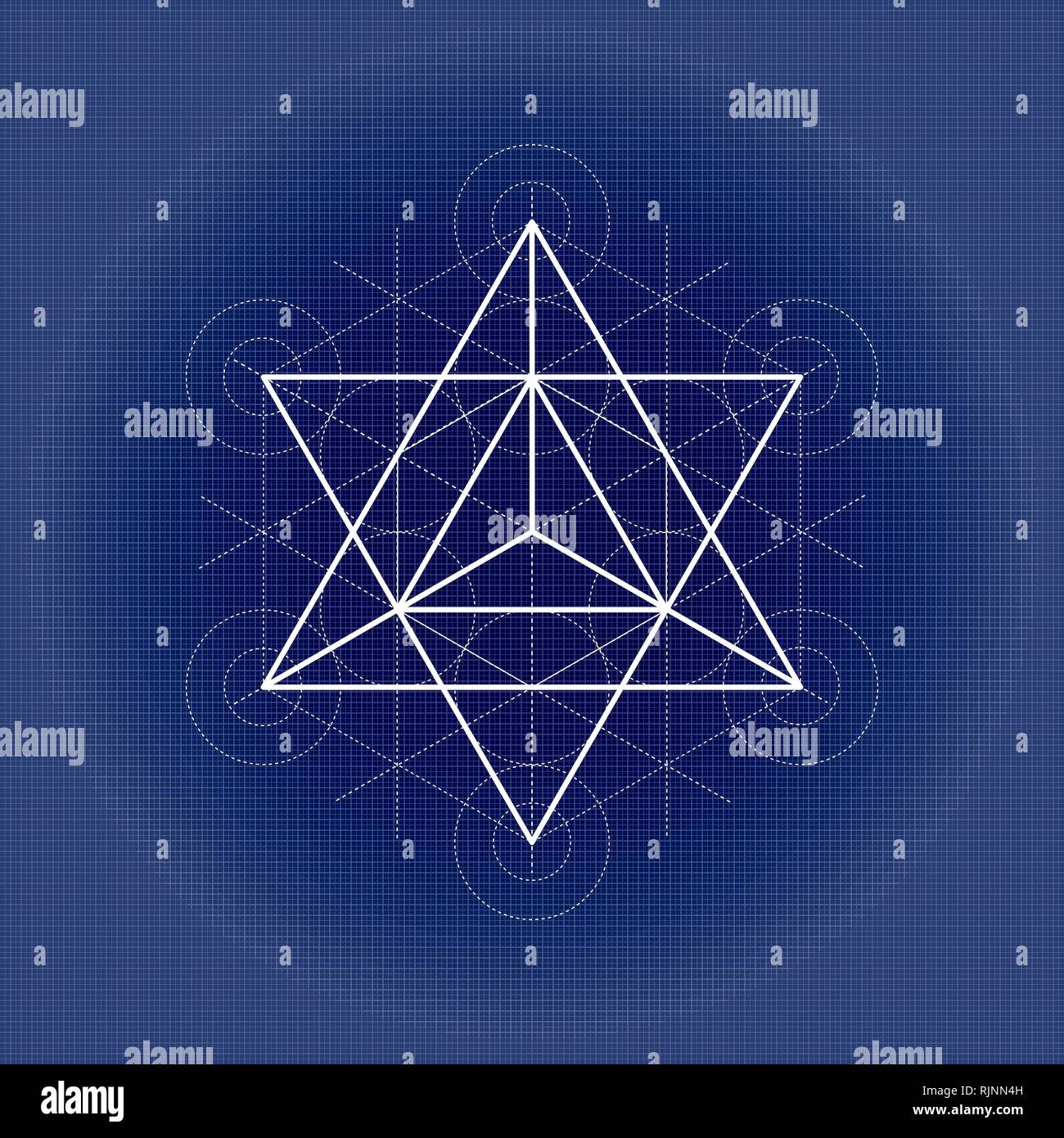 Star tetrahedron from Metatrons cube sacred geometry on technical paper Stock Vector