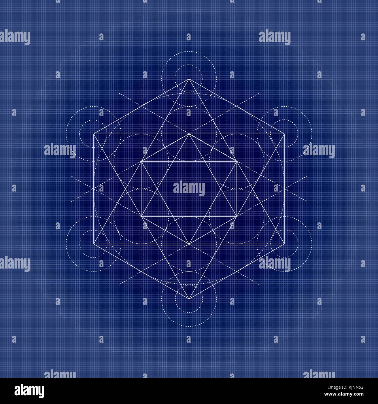 Metatrons cube, sacred geometry illustration on technical paper Stock Vector