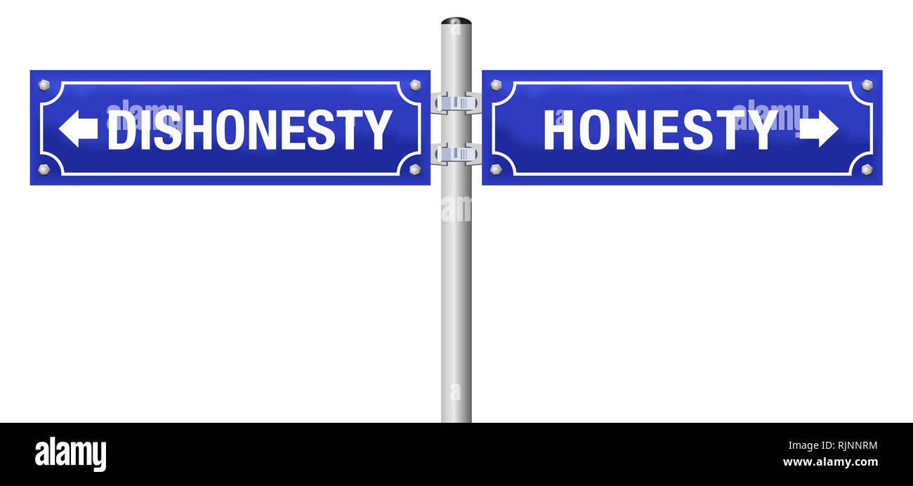 HONESTY and DISHONESTY, written on two blue signposts - symbol for sincerity, truthfulness, frankness, and for deception, hypocrisy, insincerity Stock Photo