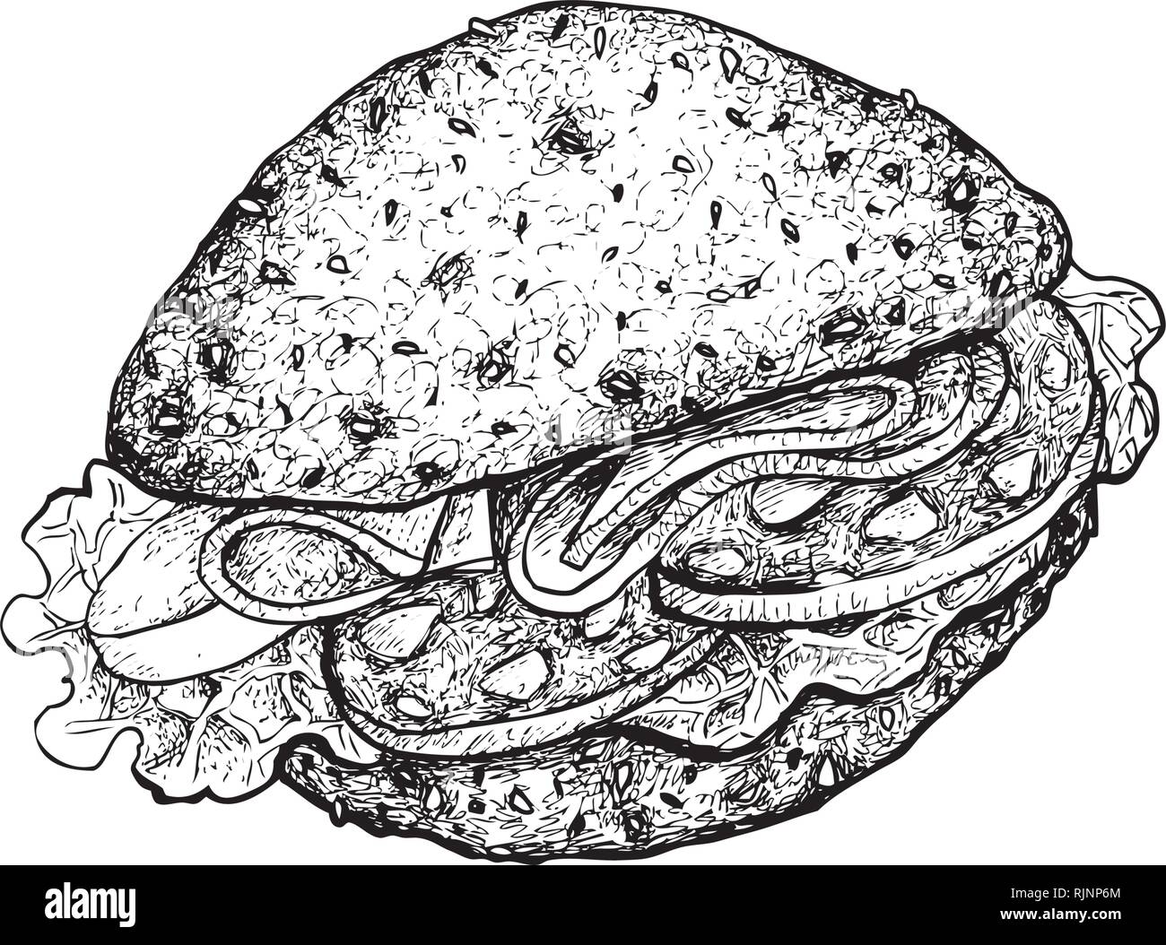 Illustration Hand Drawn Sketch of Delicious Homemade Freshly Healthy Whole Grain Bread Sandwich with Bacon, Lettuce, Tomato, Cheese and Lettuce Isolat Stock Vector