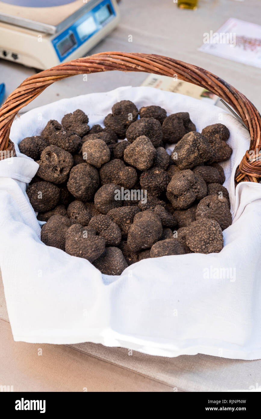 Truffles in a wicker basket at a market, summer, Provence, France Stock Photo
