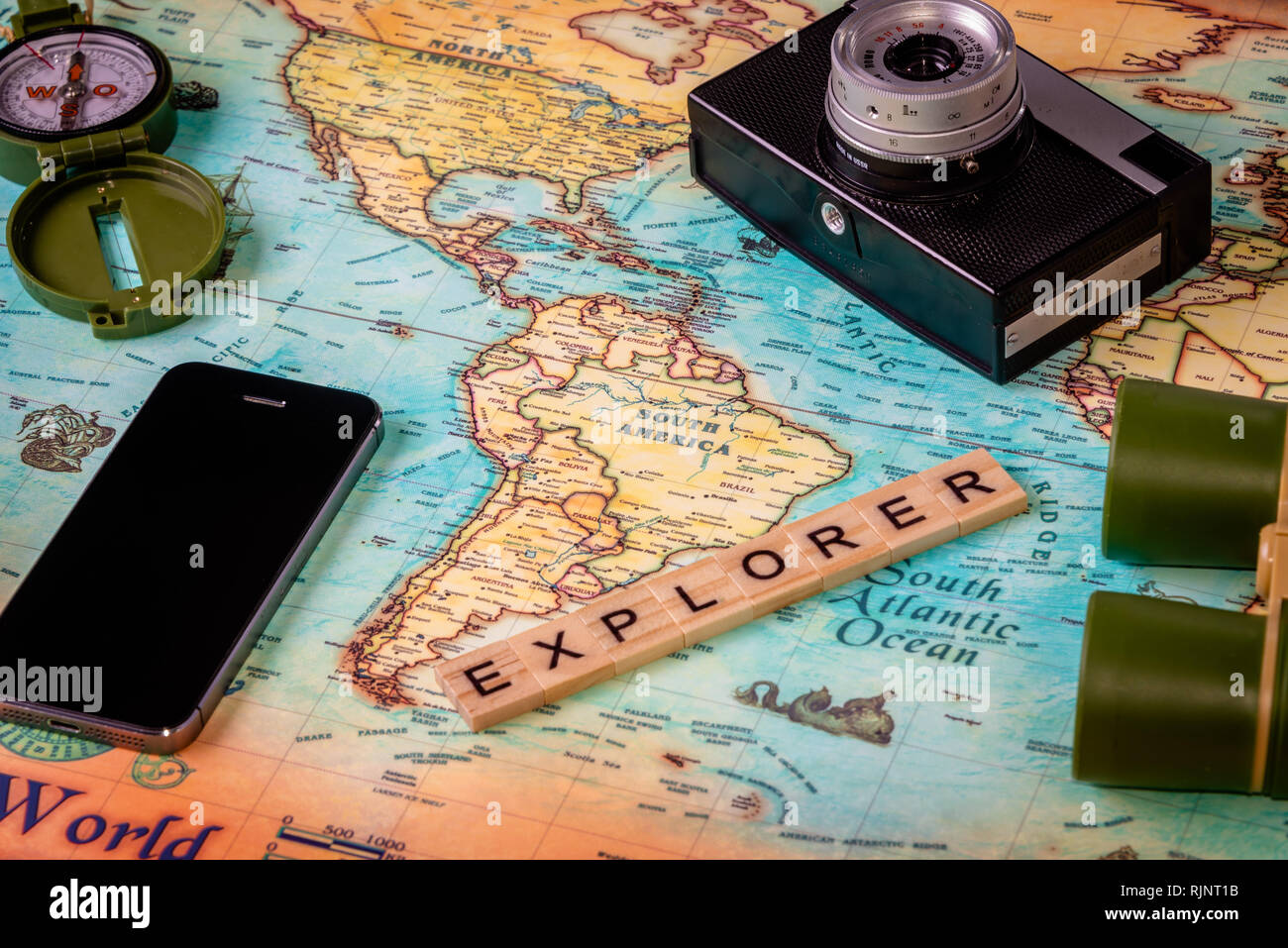 Map of America and travel technology accessories Stock Photo