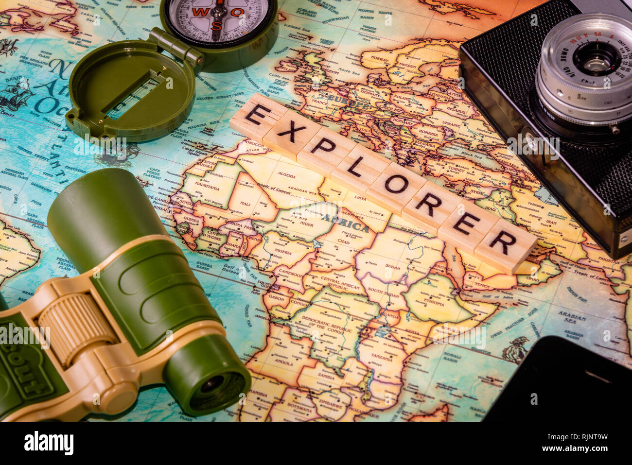 Map of Africa and Europe and travel technology accessories Stock Photo