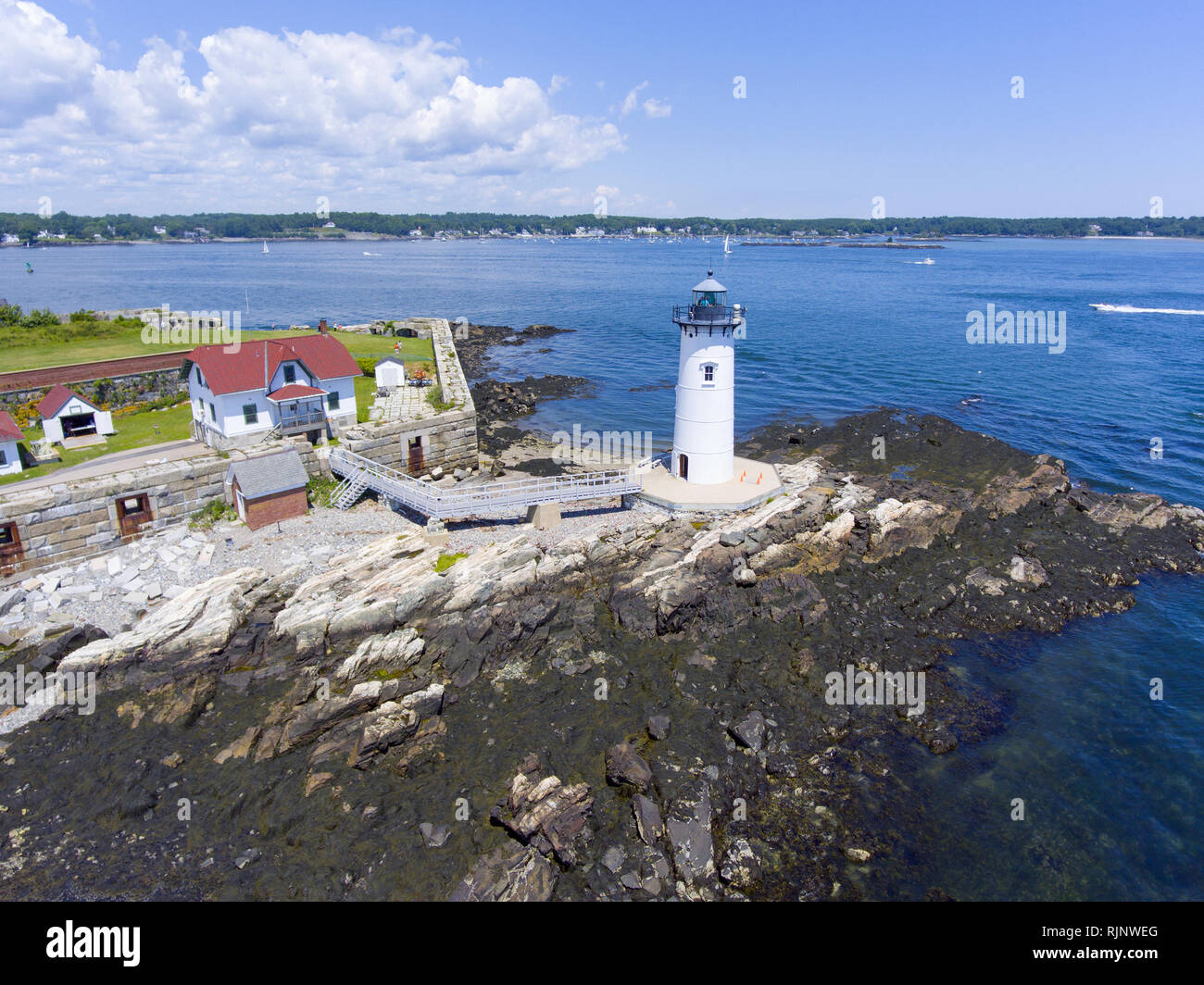 Portsmouth Harbor Lighthouse and Fort Constitution State Historic Site aerial view in summer, New Castle, New Hampshire, USA. Stock Photo
